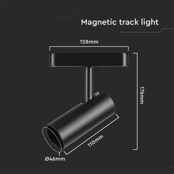 Magnetische Schienenleuchte mit den Maßen 128 mm, 176 mm, 110 mm und 46 mm Durchmesser.