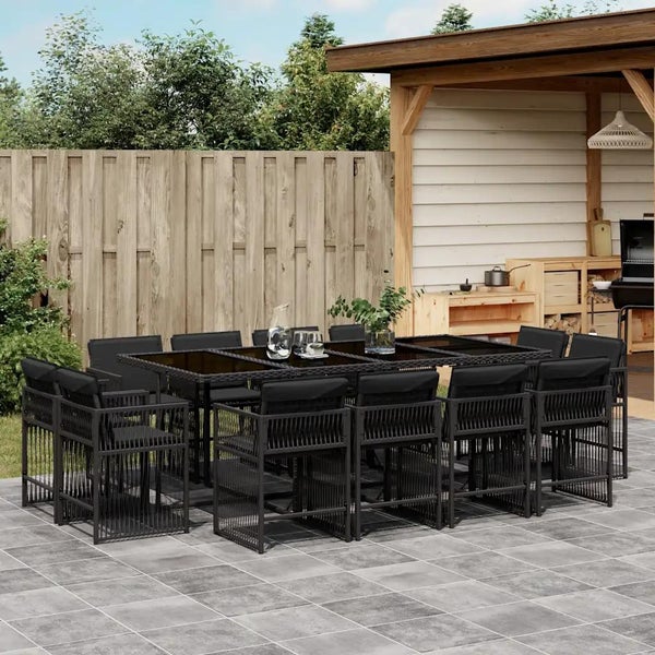 13-tlg. Garten-Essgruppe mit Kissen Schwarz Poly Rattan