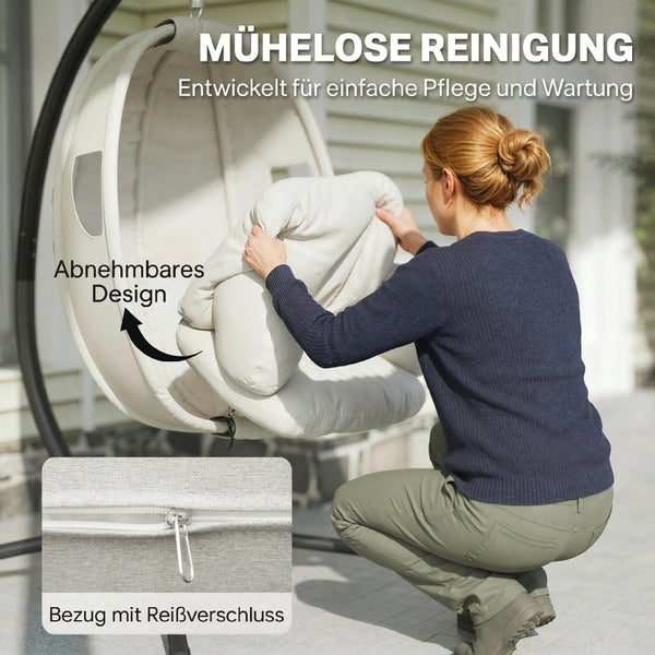 Eine Frau entnimmt das Sitzkissen aus einem Hängesessel, Detailbild eines Reißverschlusses am abnehmbaren Bezug für einfache Reinigung.