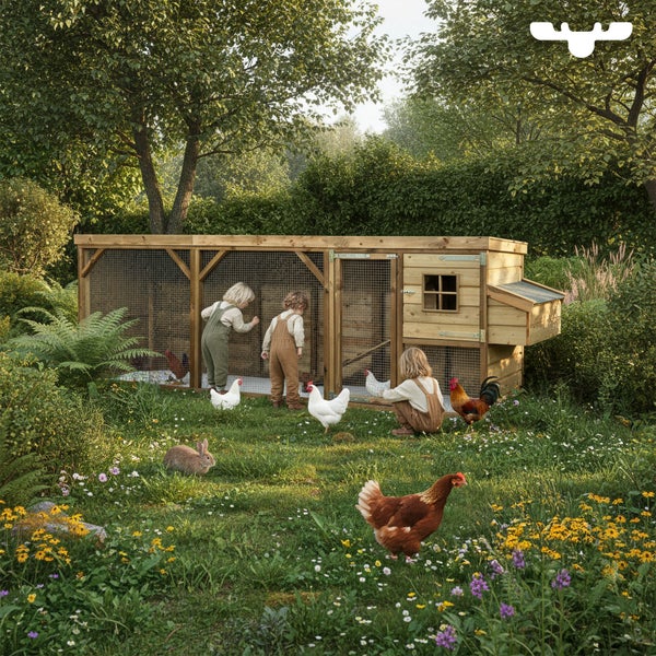 Hühnerstall im Garten mit Kindern, Hühnern und einem Kaninchen