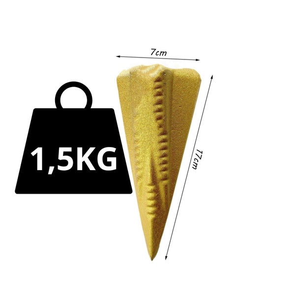 Spaltkeil aus Metall mit einem Gewicht von 1,5 Kilogramm und den Maßen 17 Zentimeter mal 7 Zentimeter.