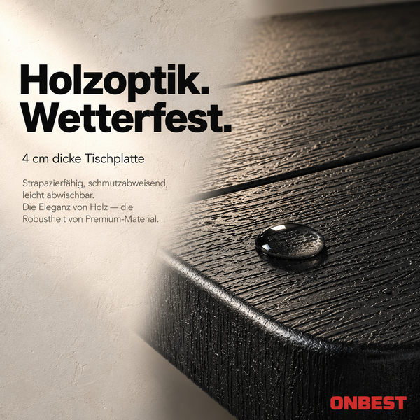 ONBEST Logo. Nahaufnahme einer 4 Zentimeter dicken Tischplatte in Holzoptik mit einem Wassertropfen zur Demonstration der Wetterfestigkeit.