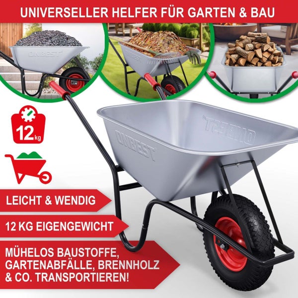 Silberne Metallschubkarre mit schwarzem Gestell für den Transport von Gartenabfällen, Brennholz und Baustoffen, Eigengewicht 12 Kilogramm.