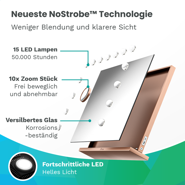 Mirlux Hollywood Make Up Spiegel LED-Beleuchtung - 10x Zoom - Aufhängbar - Rose Gold - 58x48cm
