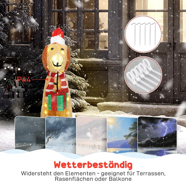 Wetterfeste LED-Weihnachtsfigur Hund mit Weihnachtsmütze und Geschenk, inklusive Erdspießen und Kabelbindern für den Außenbereich.