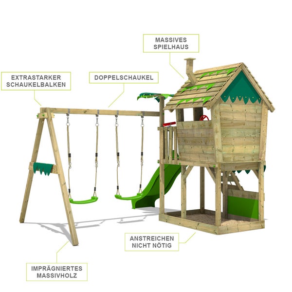 FATMOOSE Spielturm Klettergerüst JungleJumbo mit Schaukel und Rutsche, Kletterturm mit Sandkasten, Leiter und Spiel-Zubehör - grün