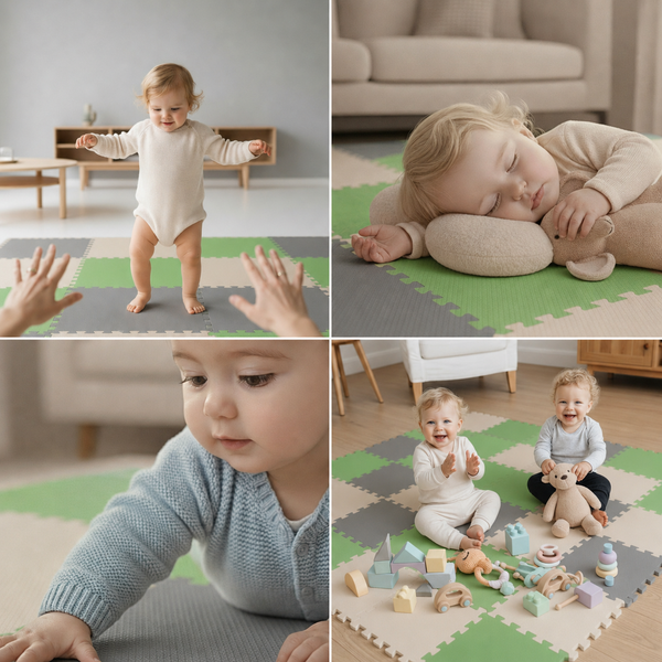 Ein Kleinkind auf einer Puzzle-Spielmatte aus weichem Schaumstoff in verschiedenen Szenen beim Spielen, Krabbeln und Ausruhen im Wohnzimmer.