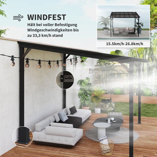 Outsunny Pergola Pavillon ca. 3x3m, Wasserdicht, Stabil, Winterfest Terrassenüberdachung mit UV-Schutz 50+, Wandmontiert Gartenpavillon aus Metall, Sonnenschutz für Garten Terrasse Balkon Dunkelgrau