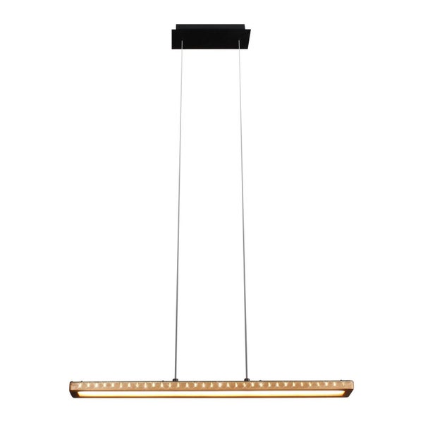 LED-Pendelleuchte aus Holz, längliche Form, höhenverstellbar mit schwarzem Deckenbaldachin.
