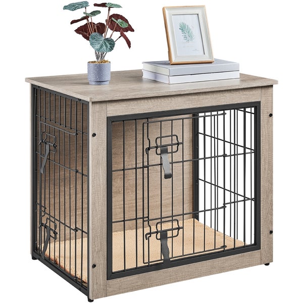 Hundebox aus Holz mit Gittertür, Ablagefläche und Kissen