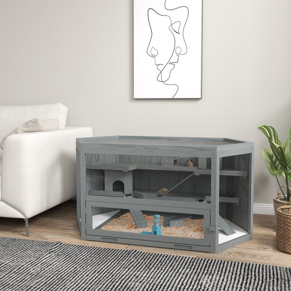PawHut 3 Etagen Nagerkäfig, 6-eckig Kleintierkäfig, Kleintierhaus aus Holz, Mäusekäfig, Hamsterkäfig mit klappbarem Deckel, Sichtfenster, Rampe, 115 x 60 x 55 cm Grau