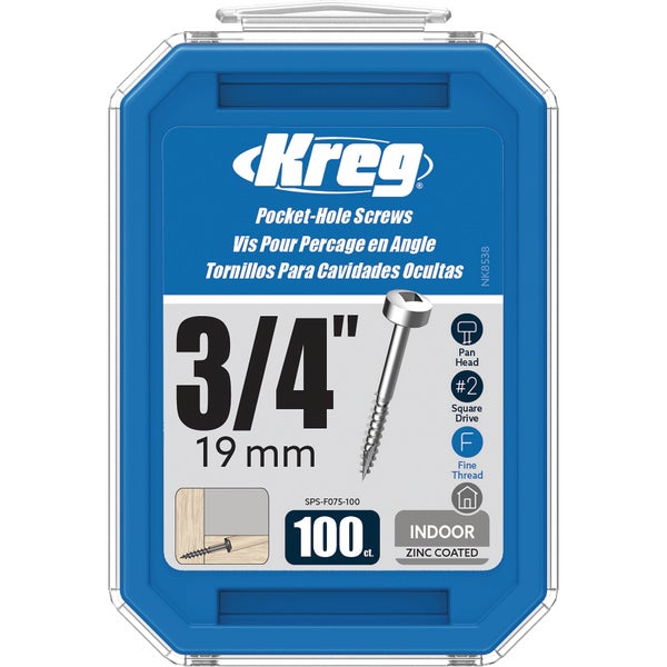 Kreg Taschenlochschrauben, 19 Millimeter, Pan Head, Vierkantantrieb Nummer 2, Feingewinde, verzinkt, 100 Stück für den Innenbereich.