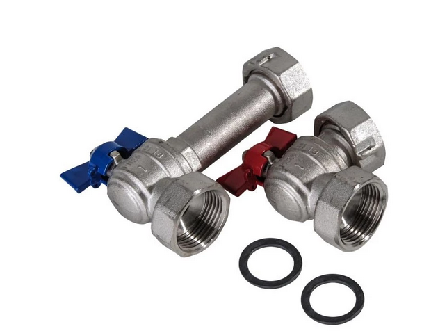 Kugelhahn-Set aus Metall mit blauem und rotem Flügelgriff sowie zwei schwarzen Dichtungen.