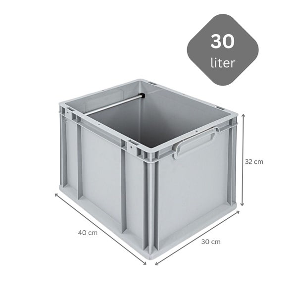 Graue 30 Liter Lagerbox mit den Maßen 40 x 30 x 32 cm.