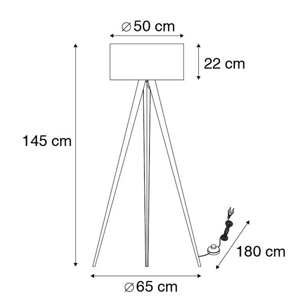 Technische Zeichnung einer Stehlampe mit den Maßen: Höhe 145 cm, Lampenschirmdurchmesser 50 cm, Lampenschirmhöhe 22 cm, Durchmesser des Lampenfußes 65 cm und Kabellänge 180 cm.