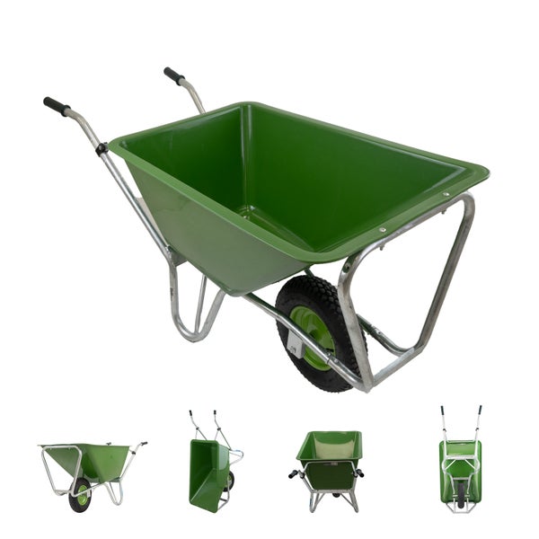 Grüne Schubkarre mit einem Rad und Metallrahmen