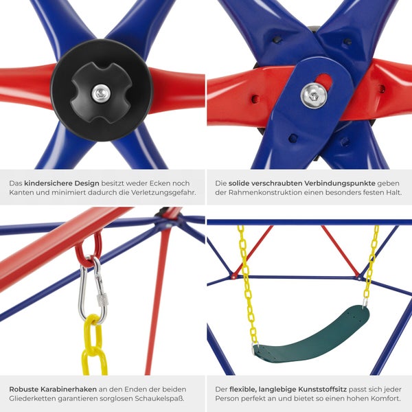 Details einer Kletterkuppel mit Schaukel: Abgerundete Verbindungen, verschraubter Rahmen, Karabinerhaken und flexibler Kunststoffsitz.