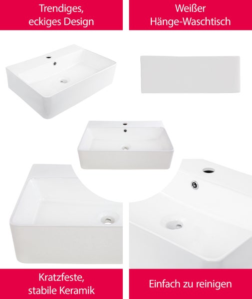 aquaSu® Basic Waschtisch 416 | Waschbecken mit Überlauf und Hahnloch | 60 x 42 cm | Als Hänge-Waschtisch oder Aufsatzwaschbecken | Sanitärkeramik in weiß | 562416