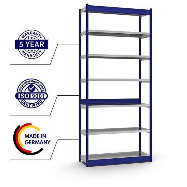PROREGAL Fachbodenregal Stecksystem Vierkant-Profil Grundregal HxBxT 300 x 132,5 x 40 cm 7 Ebenen Einseitige Bauart Fachlast 200 kg Enzianblau