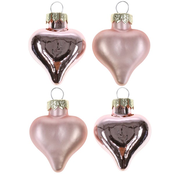 Vier herzförmige Christbaumkugeln aus Glas