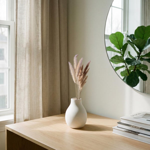 Dekorative weiße Keramikvase mit Trockenblumen auf einer Holzkommode neben einem runden Wandspiegel und hellen Vorhängen.