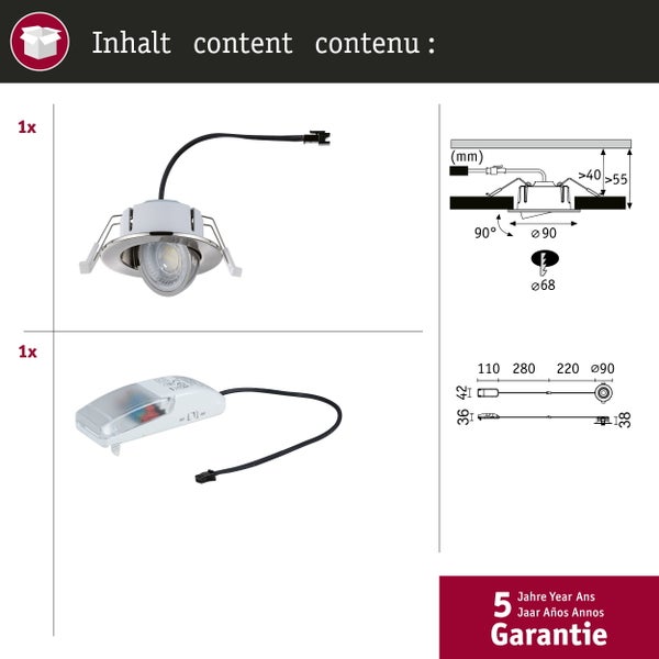 Lieferumfang LED-Einbaustrahler: schwenkbare Einbauleuchte, LED-Treiber mit Kabeln, technische Maße in Millimetern und fünf Jahre Garantie.