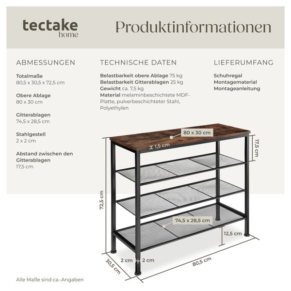 Technische Zeichnung Schuhregal mit drei Ablageflächen und Melaminbeschichteter MDF-Platte