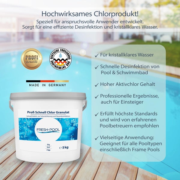 Fresh-Pool Profi Schnell Chlor Granulat, 56% Aktivchlor, 5 kg incl.<br />Dosierbecher - Pool Chlor Granulat | Clorgranulatpool 5kg |<br />Chlorgranulat für Pool | Chlor Pool | Clorgranulatpool