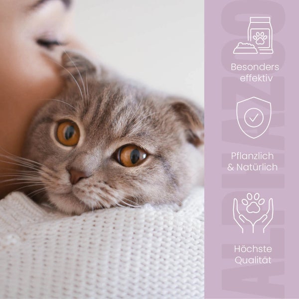 Frau hält Katze im Arm, daneben Symbole für besonders effektive, pflanzliche und natürliche sowie höchste Qualität
