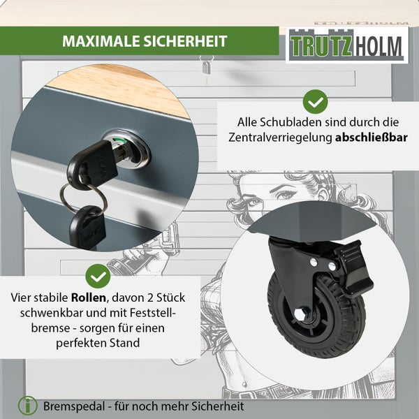 Trutzholm Werkstattwagen mit Zentralverriegelung und vier stabilen Rollen inklusive Feststellbremsen für sicheren Stand.