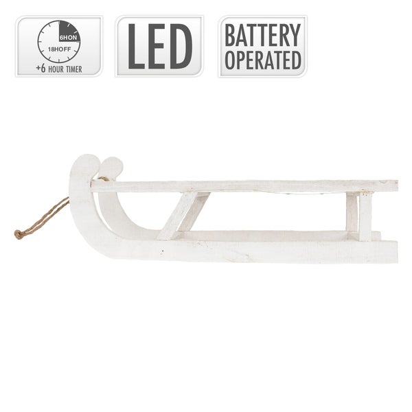 ECD Germany Deko Schlitten aus Holz, 50,5 x 13,5 x 23,5 cm, Weiß, mit LED, Weihnachtsdeko, Weihnachten Dekoration, mit Batterien, Holzschlitten, Holz Deko, Dekoration, Dekoschlitten, Winterdeko