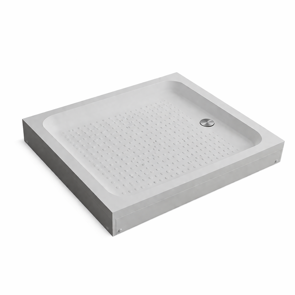 Quadratische Duschwanne mit rutschhemmender Oberfläche, integrierter Schürze und runder Ablaufabdeckung.