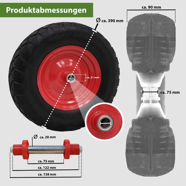 Schubkarrenrad mit Achse und detaillierten Maßangaben wie circa 390 Millimeter Durchmesser und 90 Millimeter Breite.