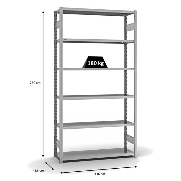 PROREGAL Fachbodenregal Stecksystem T-Profil Light-Duty Grundregal HxBxT 250 x 130 x 40 cm 6 Ebenen Fachlast 180 kg Beidseitig Nutzbar Verzinkt