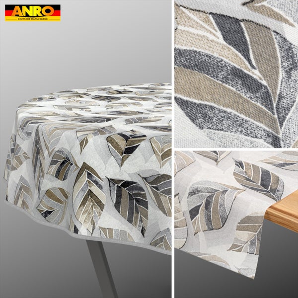 Stofftischdecke mit Blattmuster, Detailansicht der Webstruktur und Anro Logo.