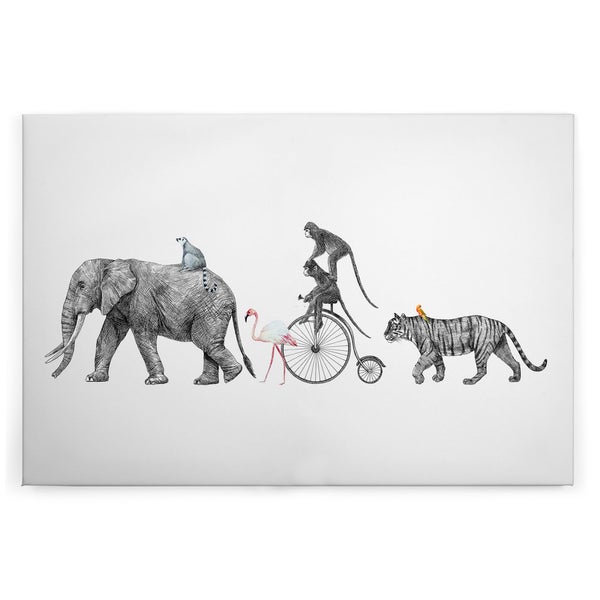 Wandbild mit einer Illustration von Tieren in einer Reihe inklusive Elefant, Affen auf einem Hochrad, Flamingo und Tiger.