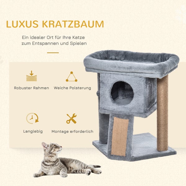 PawHut Kratzbaum 57 cm Kleiner Katzenbaum mit Katzenhöhle, Liegeplattform, Katzenkratzbaum mit Kratzbrett, Spielball, Katzenmöbel für Katzen bis 5 kg Hellgrau