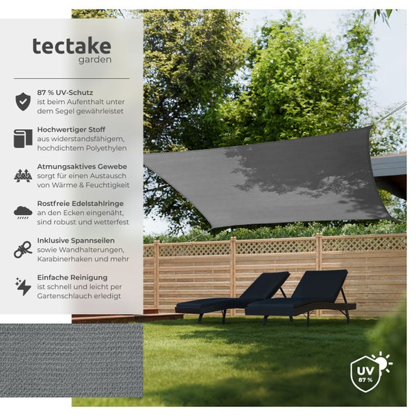 Graues Sonnensegel von Tectake Garden über zwei Liegestühlen im Garten