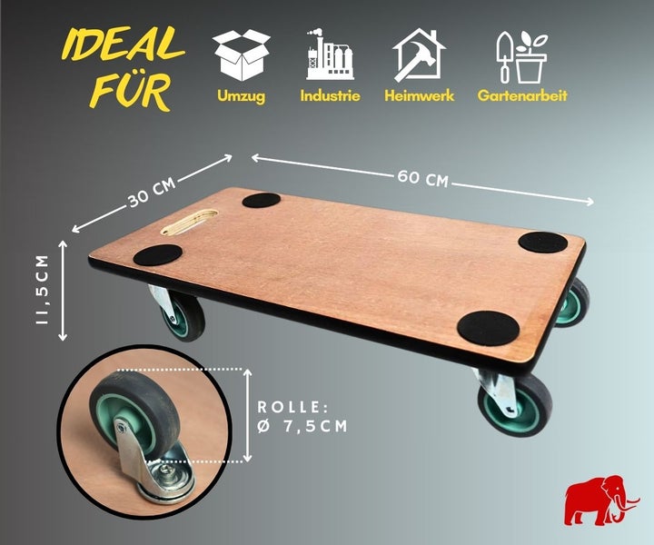 Rollbrett aus Holz, 60 mal 30 Zentimeter, Höhe 11,5 Zentimeter, Rollendurchmesser 7,5 Zentimeter, ideal für Umzug, Industrie und Heimwerk. Mammut Logo.