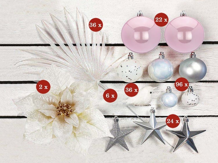 Weihnachtsbaumschmuck Set bestehend aus Weihnachtskugeln, Sternen, Kunstblumen, Zweigen und Vögeln zur Dekoration in verschiedenen Größen.