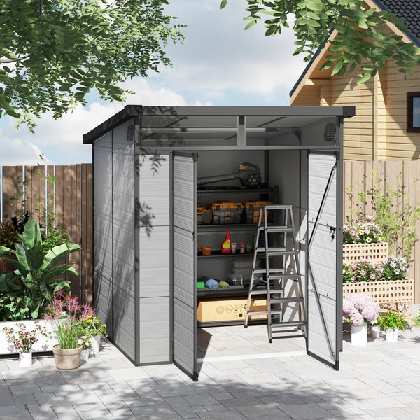 Outsunny Gerätehaus Kunststoff 3,24m³ 190x191x215cm Geräteschuppen mit Pultdach, Abschließbarer Tür, wetterfest Gartenhaus, Outdoor Garten Schuppen Schrank für Hinterhof, Außenbereich, Hellgrau