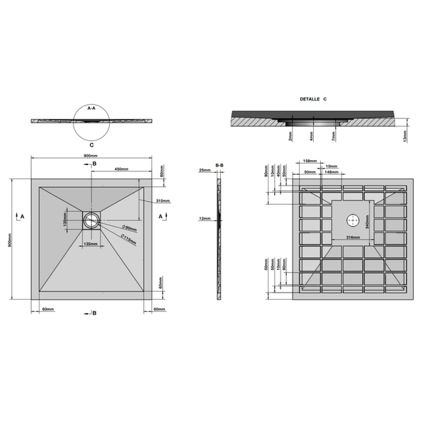 Technische Zeichnung einer quadratischen Duschwanne 900 mal 900 Millimeter mit Maßangaben und Querschnitten.