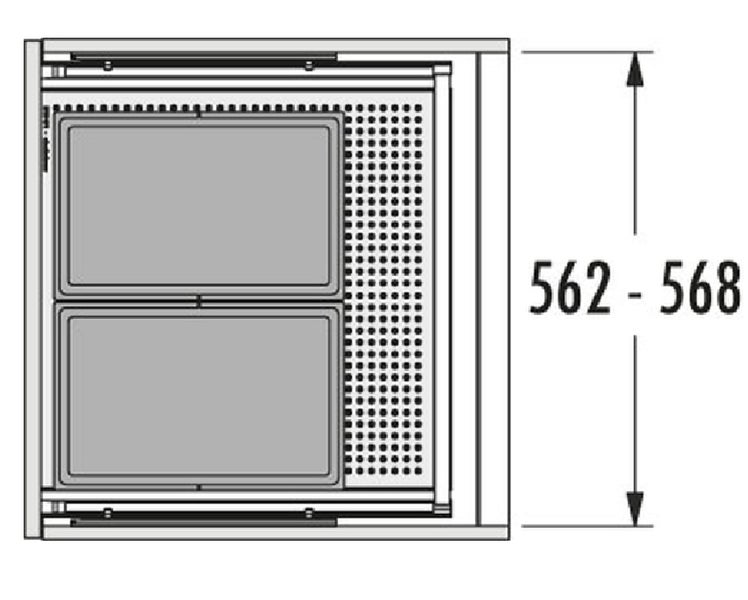 Schemazeichnung eines Küchenschranks mit zwei Auszügen und Höhenangabe 562 bis 568 Millimeter.