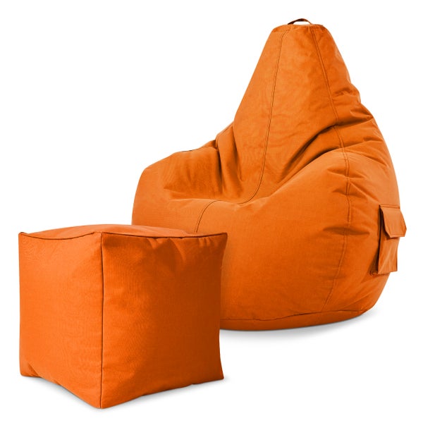 Green Bean 2er Set Sitzsack + Hocker - fertig befüllt - robust waschbar schmutzabweisend - Kinder & Erwachsene Bean Bag Bodenkissen Lounge Sitzhocker Relax-Sessel Gamer Gamingstuhl Pouf - Orange