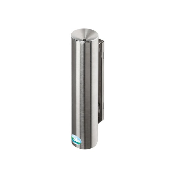 Zylindrischer Wandascher aus Edelstahl mit VAR Logo und Wandhalterung.