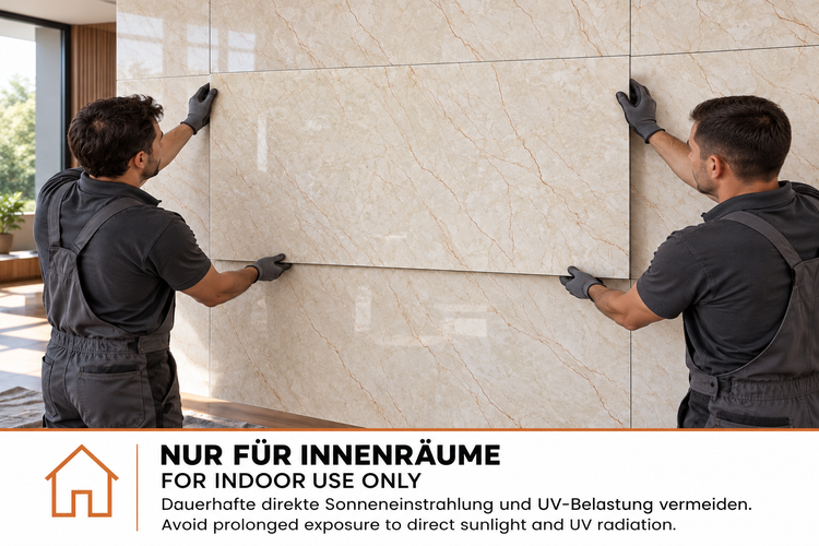 Zwei Handwerker in Arbeitskleidung montieren eine großformatige Fliese mit Marmoroptik an einer Innenwand.