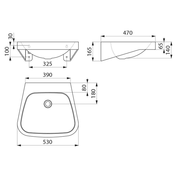 Technische Zeichnung eines Waschbeckens mit Maßangaben in Millimetern.