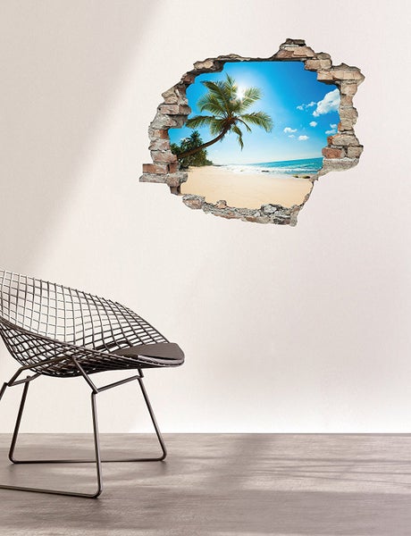 3D Wanddurchbruch selbstklebender Sticker Palme am Strand WS0944_60x50 cm