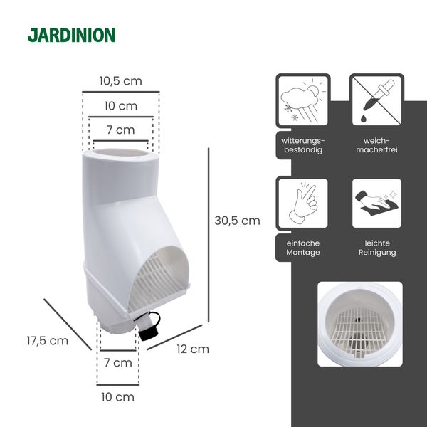 Jardinion Fallrohrfilter mit Maßen und Symbolen