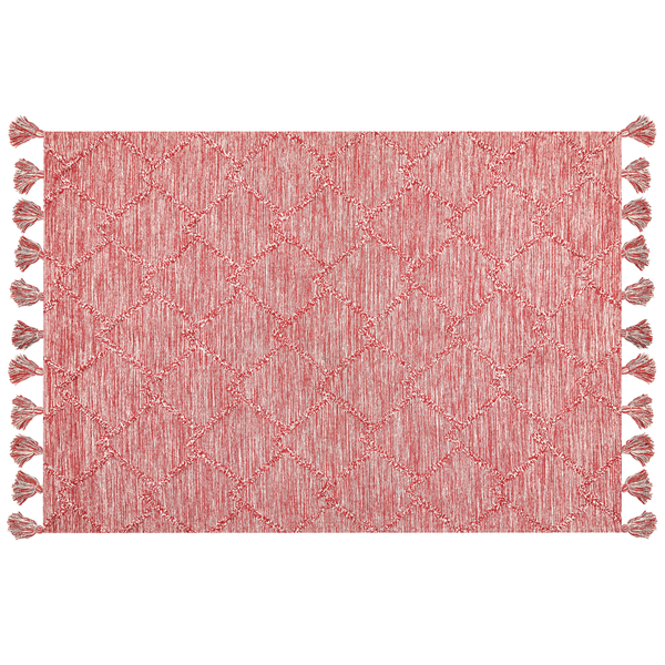 Roter rechteckiger Teppich mit Rautenmuster und Quasten.